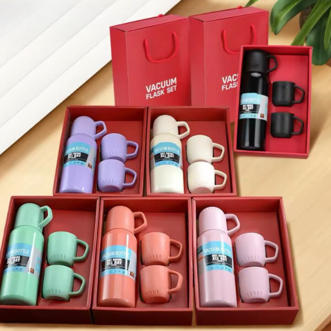 Set Termo Y Tres Tazas De Acero Inoxi